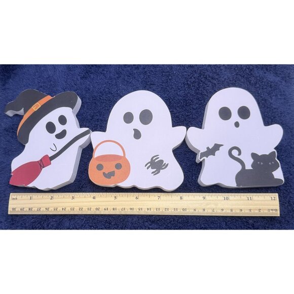 Set Of 3 Halloween Ghost Shaped Decorations With Witch Hat Pumpkin Basket & Cat - Picture 2 of 4